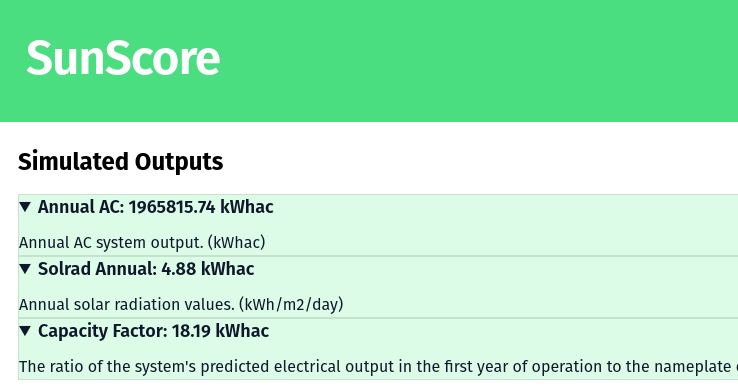 Outputs of simulated solar production showing AnnualAC, AnnuealSolar, and capacity factor figures